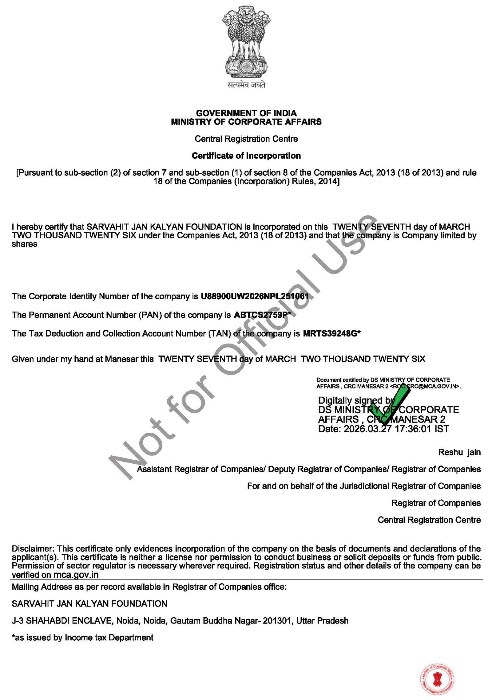 Registration Certificate